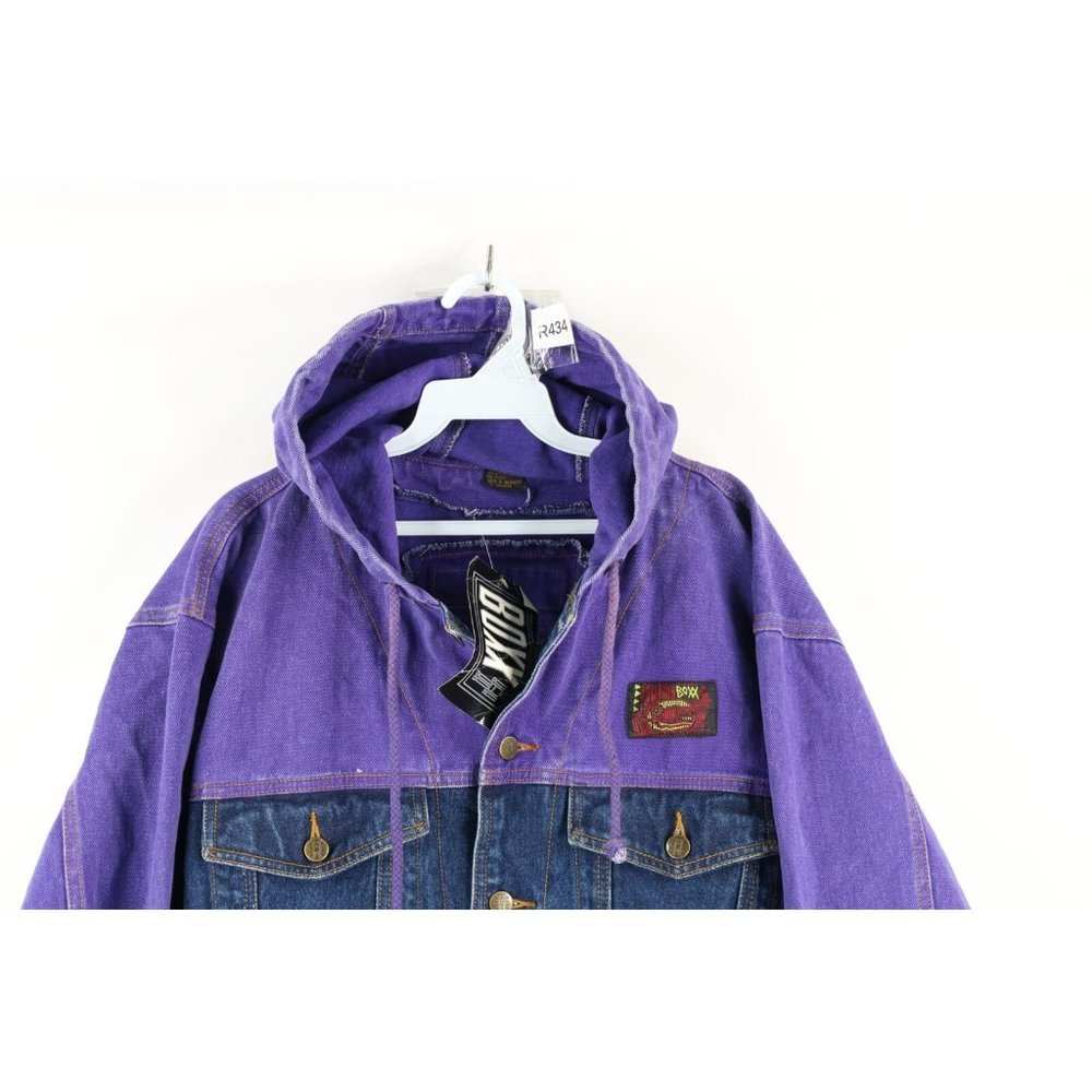 NOS Vintage 90s Streetwear Mens Large Color Block Hooded Denim Trucker Jacket - Picture 2 of 10